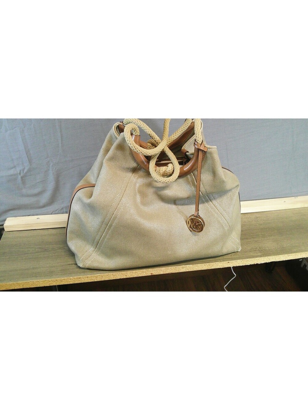 Michael Kors Beige Canvas and Leather Drawstring Tote Bag